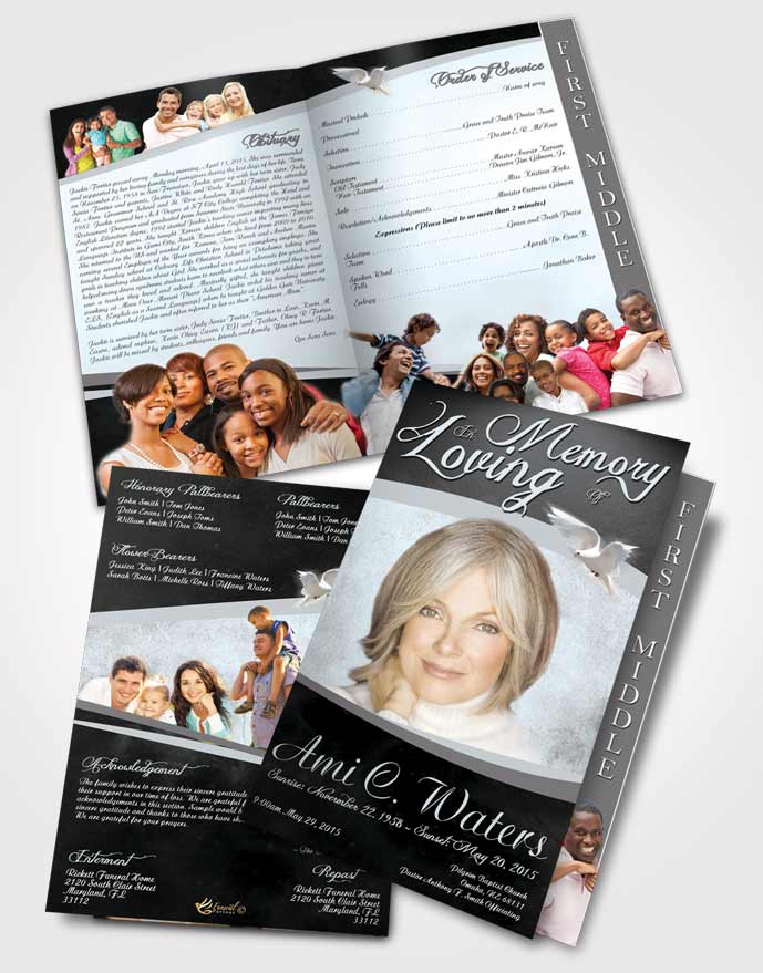 2 Page Graduated Step Fold Funeral Program Template Brochure Black and White Paradise