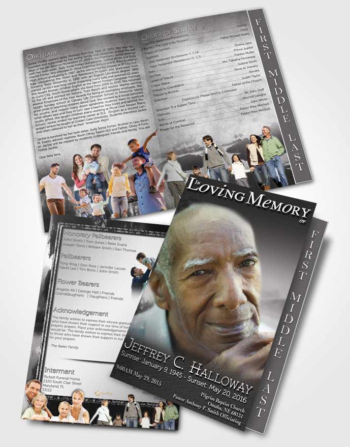2 Page Graduated Step Fold Funeral Program Template Brochure Black and White Summer Reflection