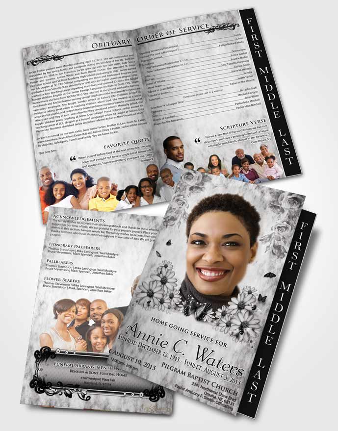 2 Page Graduated Step Fold Funeral Program Template Brochure Black and White Sunny Sunflowers