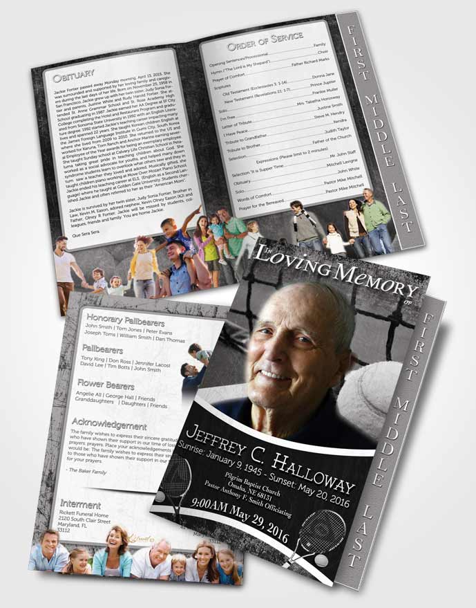 2 Page Graduated Step Fold Funeral Program Template Brochure Black and White Tennis Star