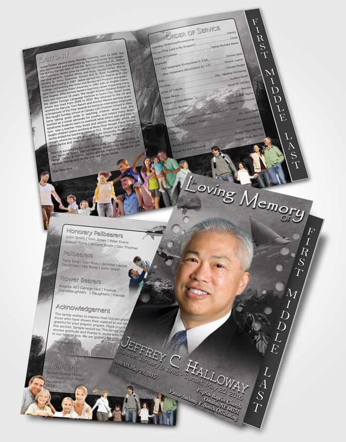 2 Page Graduated Step Fold Funeral Program Template Brochure Black and White Water Lover