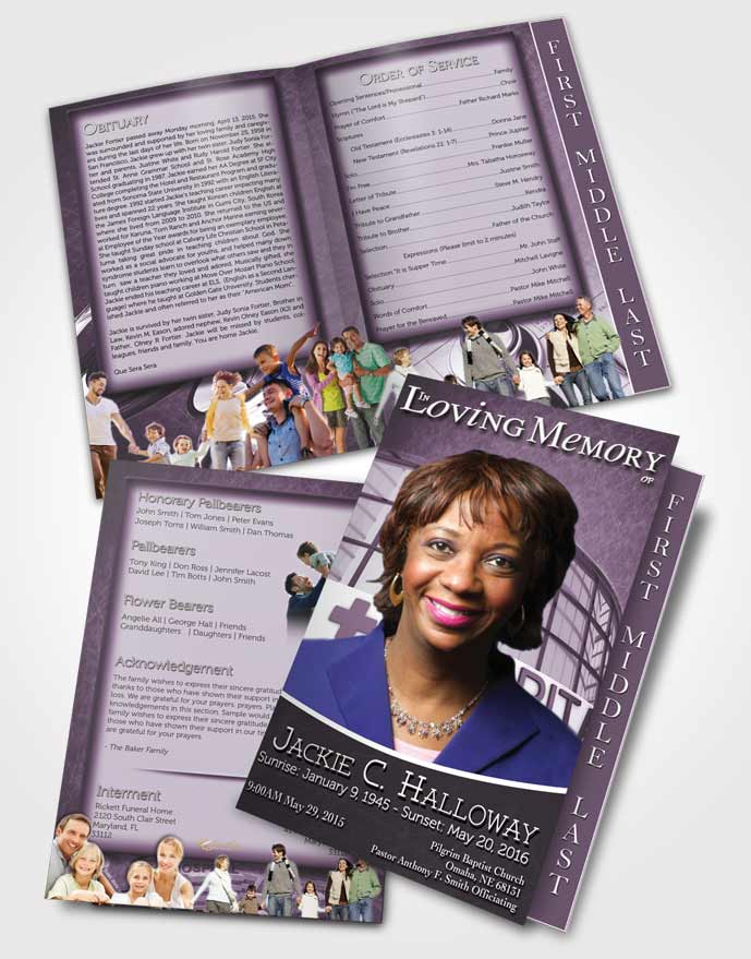 2 Page Graduated Step Fold Funeral Program Template Brochure Blissful Lavender Nurse