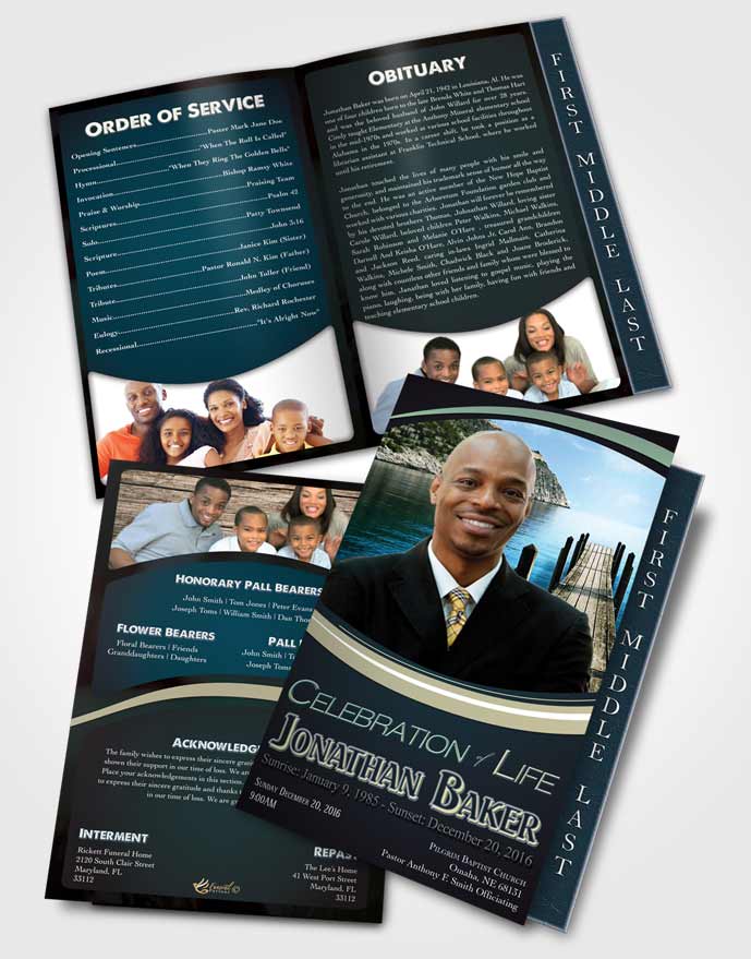 2 Page Graduated Step Fold Funeral Program Template Brochure Blue Heaven Journey