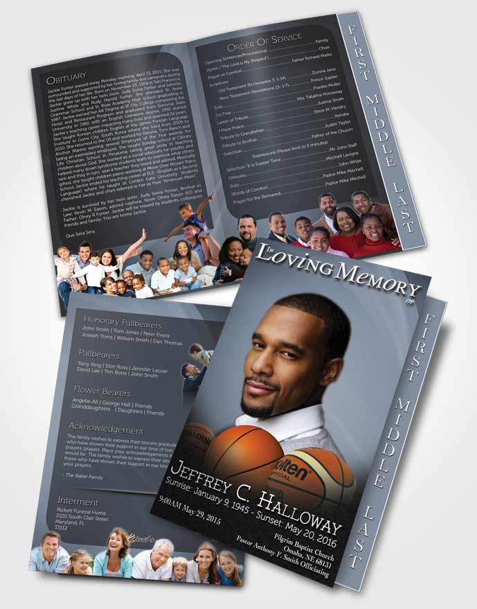 2 Page Graduated Step Fold Funeral Program Template Brochure Blue Serenity Basketball Lover Dark