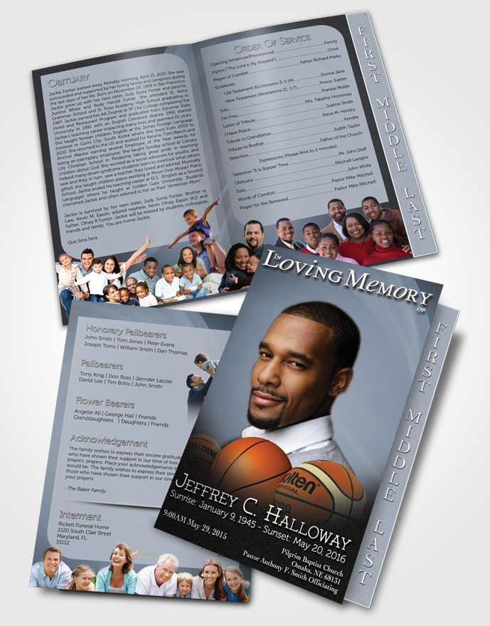 2 Page Graduated Step Fold Funeral Program Template Brochure Blue Serenity Basketball Lover Light