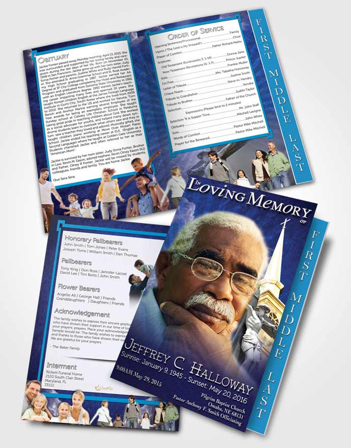 2 Page Graduated Step Fold Funeral Program Template Brochure Blue Summer Christian Faith