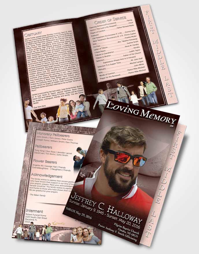 2 Page Graduated Step Fold Funeral Program Template Brochure Brazilian Burgundy Bliss
