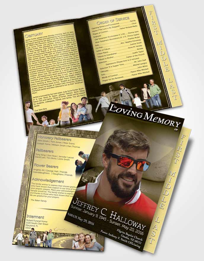 2 Page Graduated Step Fold Funeral Program Template Brochure Brazilian Golden Bliss