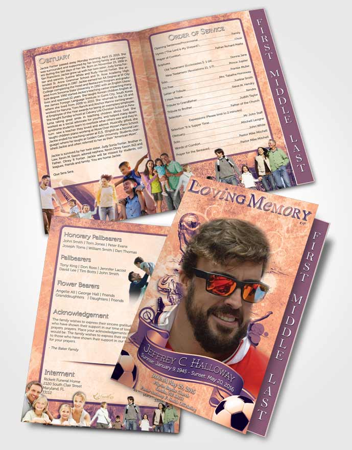2 Page Graduated Step Fold Funeral Program Template Brochure Brilliant Lavender Bliss Soccer Superstar