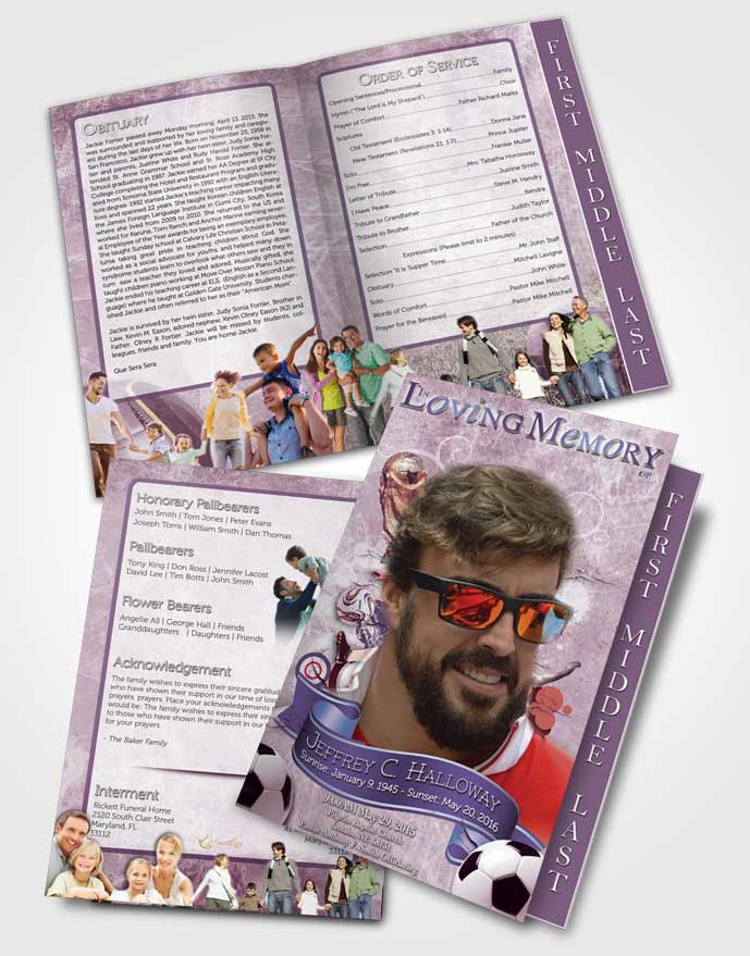 2 Page Graduated Step Fold Funeral Program Template Brochure Brilliant lavender lover Soccer Superstar
