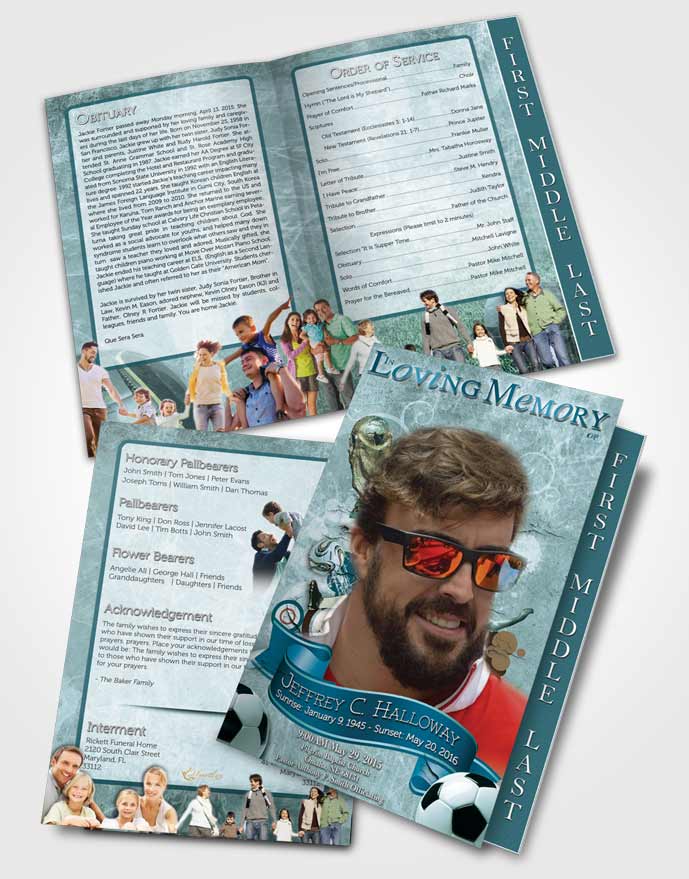 2 Page Graduated Step Fold Funeral Program Template Brochure Brilliant Ocean Pearl Soccer Superstar