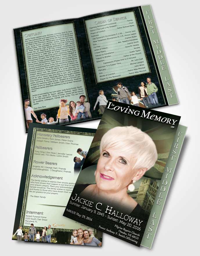 2 Page Graduated Step Fold Funeral Program Template Brochure British Emerald Pride