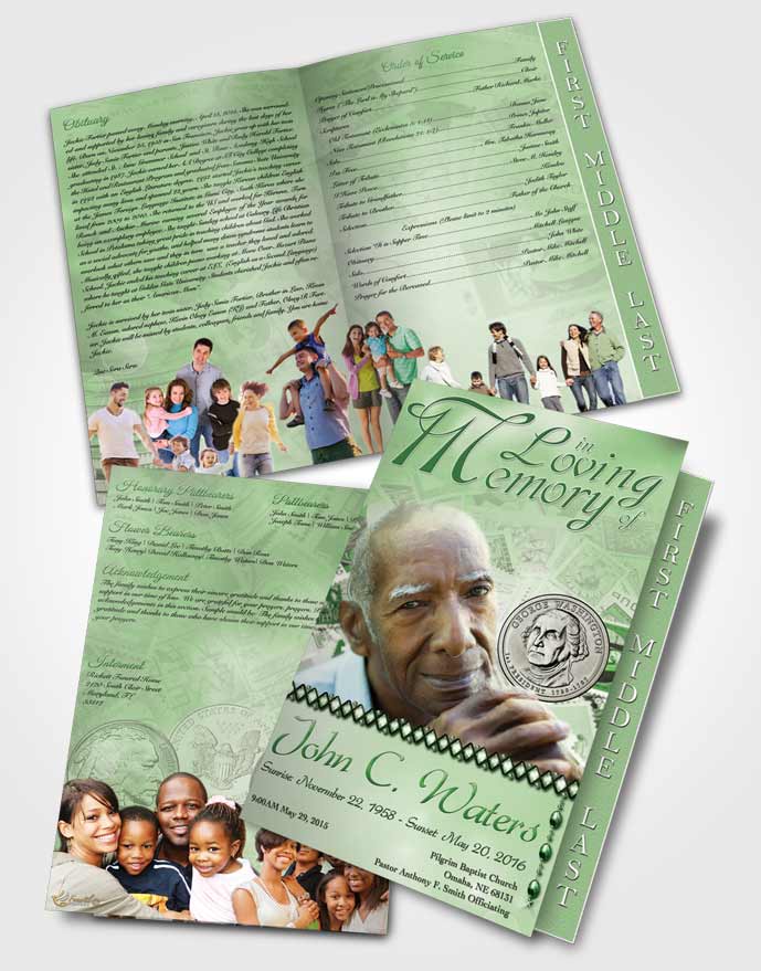 2 Page Graduated Step Fold Funeral Program Template Brochure Collecting Stamps and Coins Emerald Glow
