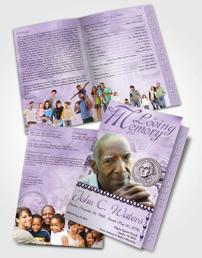 2 Page Graduated Step Fold Funeral Program Template Brochure Collecting Stamps and Coins Lavender Honor