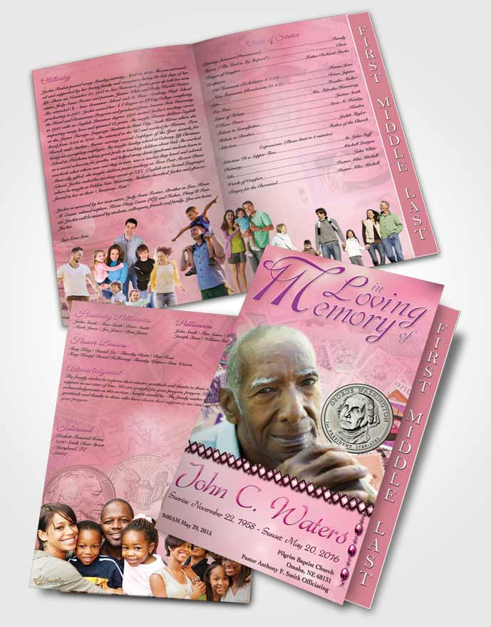 2 Page Graduated Step Fold Funeral Program Template Brochure Collecting Stamps and Coins Pink Lust