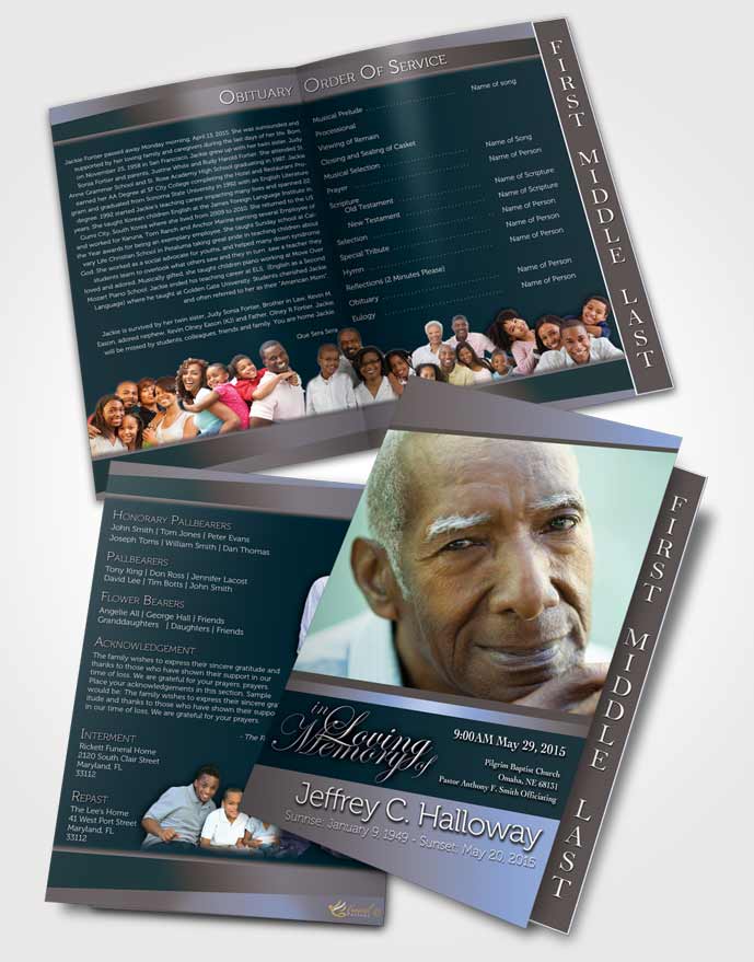2 Page Graduated Step Fold Funeral Program Template Brochure Coral Reef Tranquility Dark