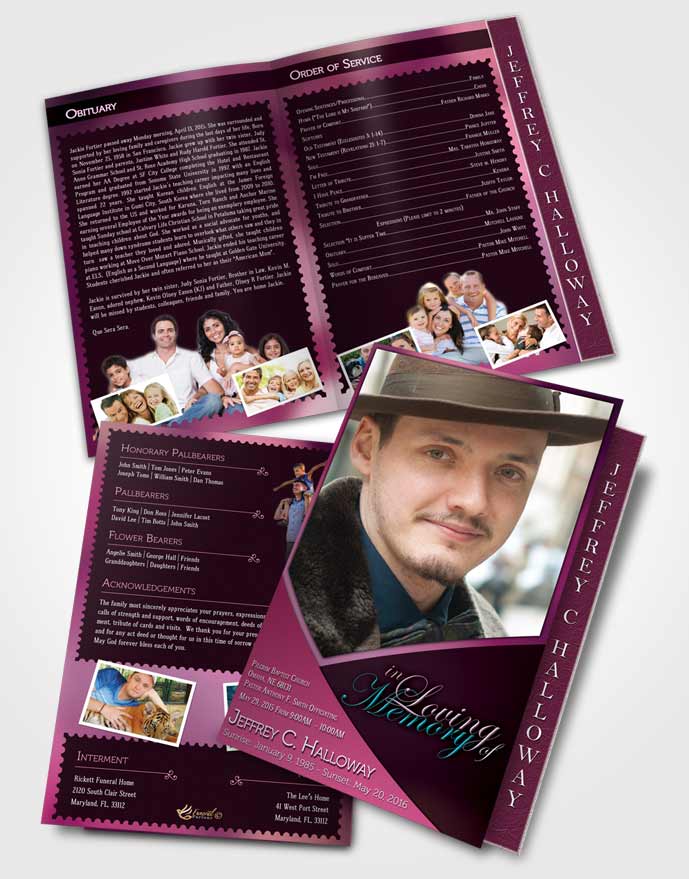 2 Page Graduated Step Fold Funeral Program Template Brochure Crystal Harmony Amaranth Pink Dark