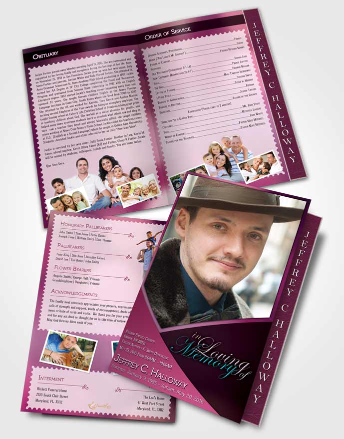 2 Page Graduated Step Fold Funeral Program Template Brochure Crystal Harmony Amaranth Pink Light