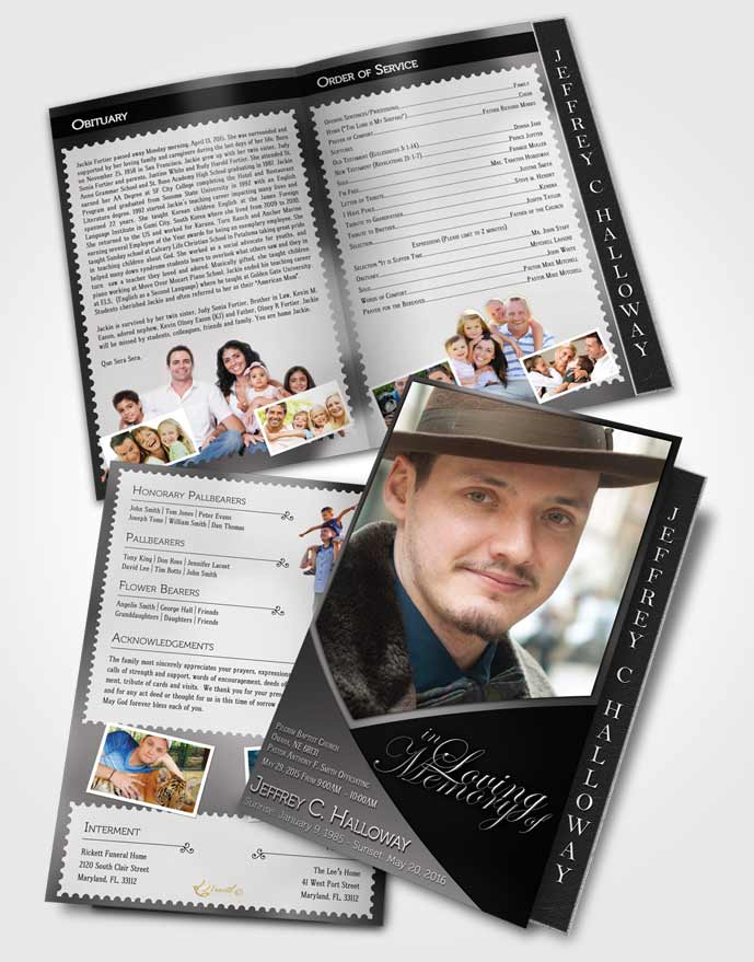 2 Page Graduated Step Fold Funeral Program Template Brochure Crystal Harmony Black and White Light