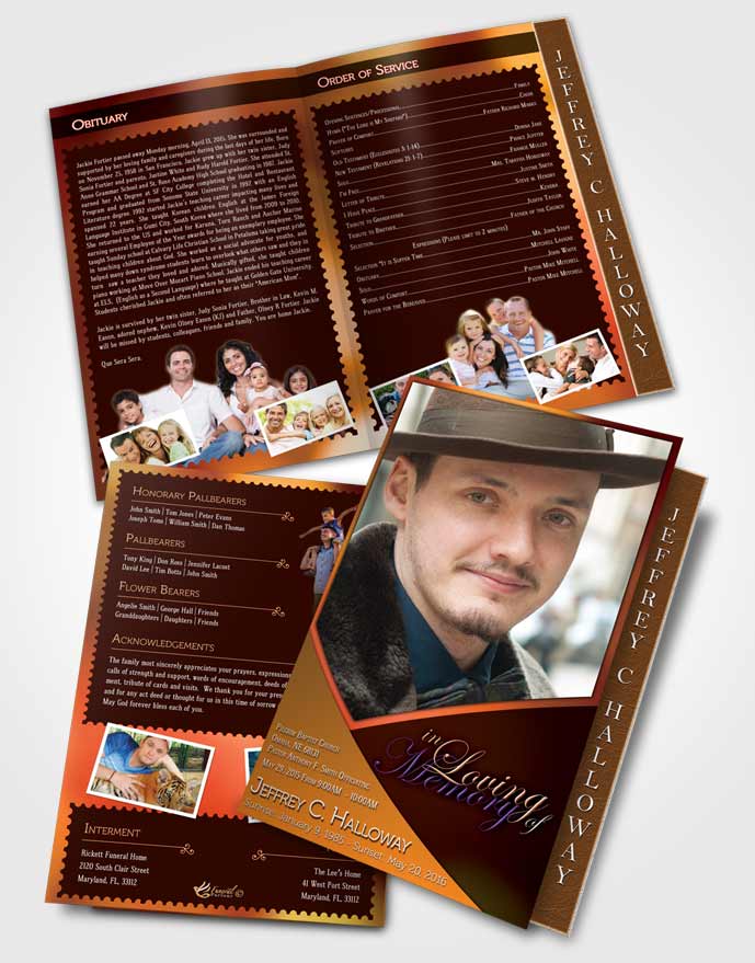 2 Page Graduated Step Fold Funeral Program Template Brochure Crystal Harmony Carrot Orange Dark