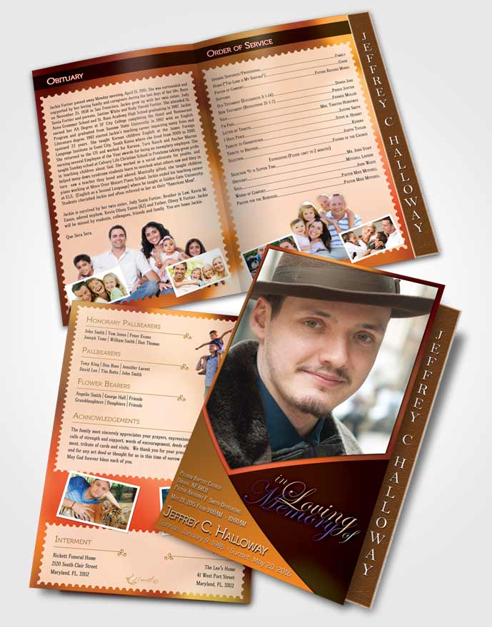 2 Page Graduated Step Fold Funeral Program Template Brochure Crystal Harmony Carrot Orange Light