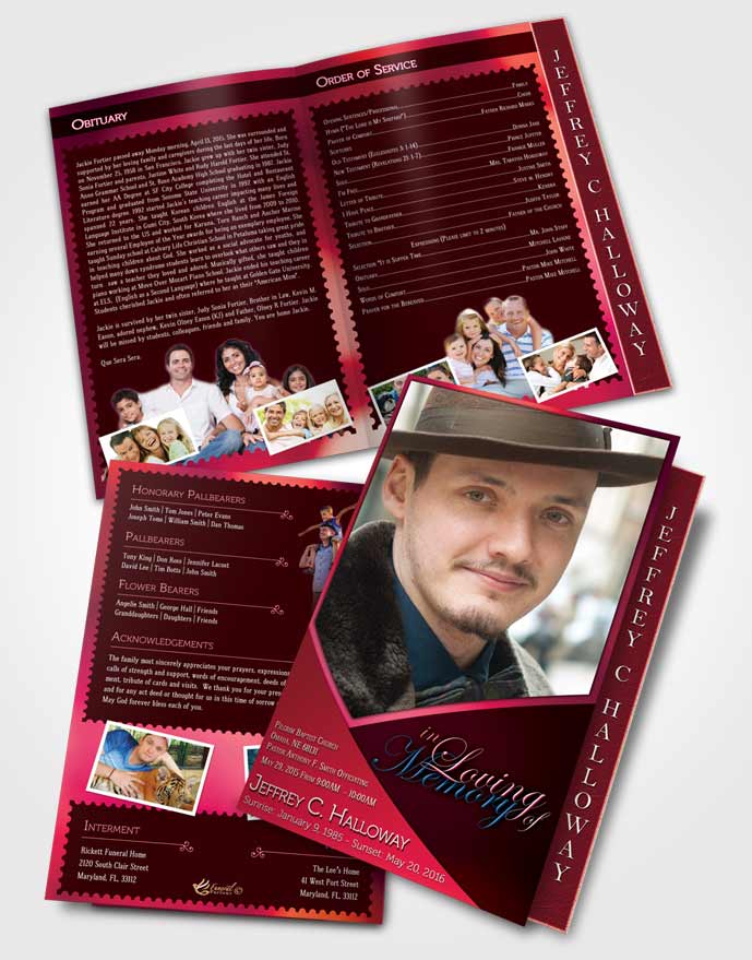 2 Page Graduated Step Fold Funeral Program Template Brochure Crystal Harmony Cerise Dark