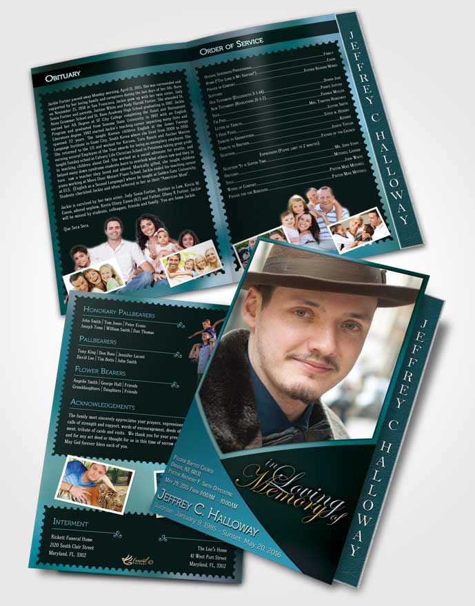 2 Page Graduated Step Fold Funeral Program Template Brochure Crystal Harmony Cyan Dark