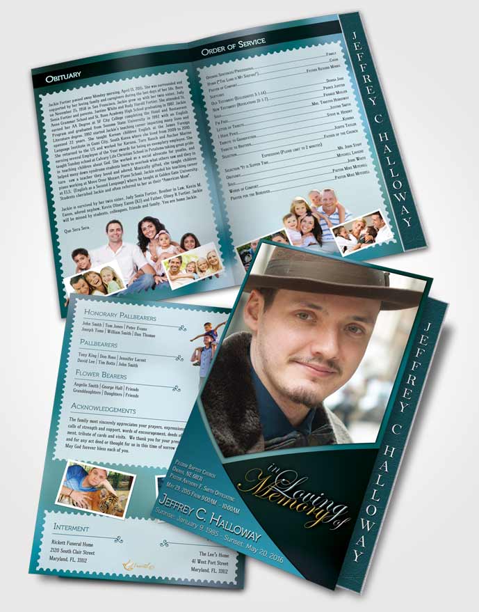2 Page Graduated Step Fold Funeral Program Template Brochure Crystal Harmony Cyan Light