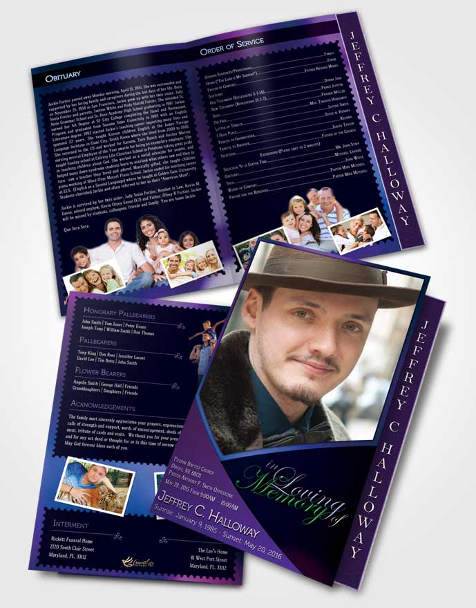 2 Page Graduated Step Fold Funeral Program Template Brochure Crystal Harmony Electric Indigo Dark