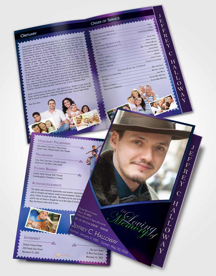 2 Page Graduated Step Fold Funeral Program Template Brochure Crystal Harmony Electric Indigo Light