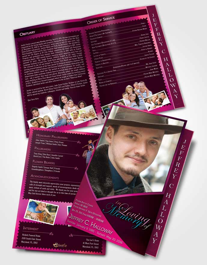 2 Page Graduated Step Fold Funeral Program Template Brochure Crystal Harmony Fuchsia Dark