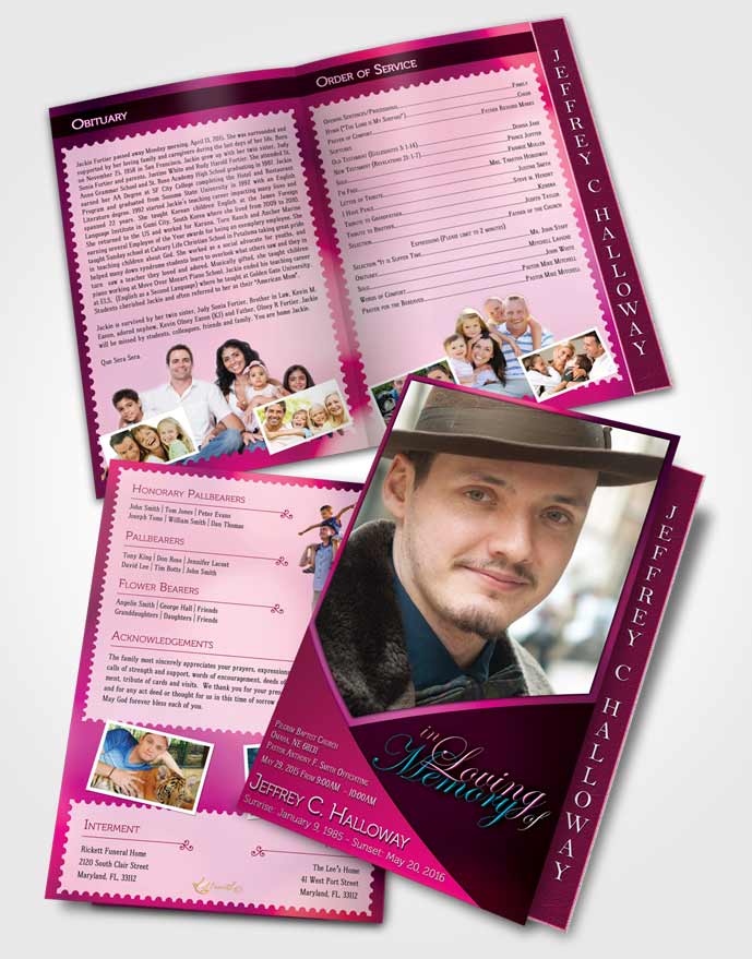 2 Page Graduated Step Fold Funeral Program Template Brochure Crystal Harmony Fuchsia Light