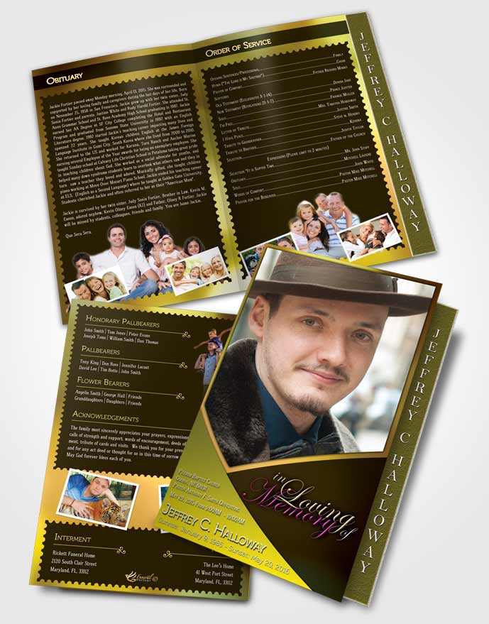 2 Page Graduated Step Fold Funeral Program Template Brochure Crystal Harmony Gold Dark