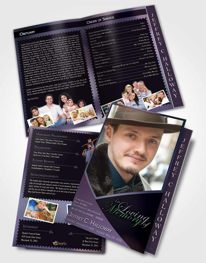 2 Page Graduated Step Fold Funeral Program Template Brochure Crystal Harmony Lavender Dark
