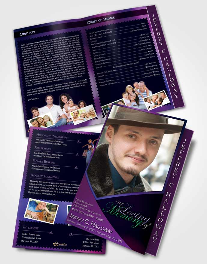 2 Page Graduated Step Fold Funeral Program Template Brochure Crystal Harmony Orchid Dark