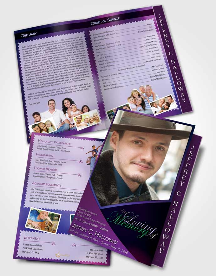 2 Page Graduated Step Fold Funeral Program Template Brochure Crystal Harmony Orchid Light