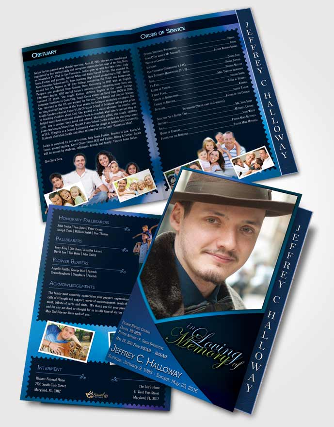 2 Page Graduated Step Fold Funeral Program Template Brochure Crystal Harmony Palatinate Blue Dark
