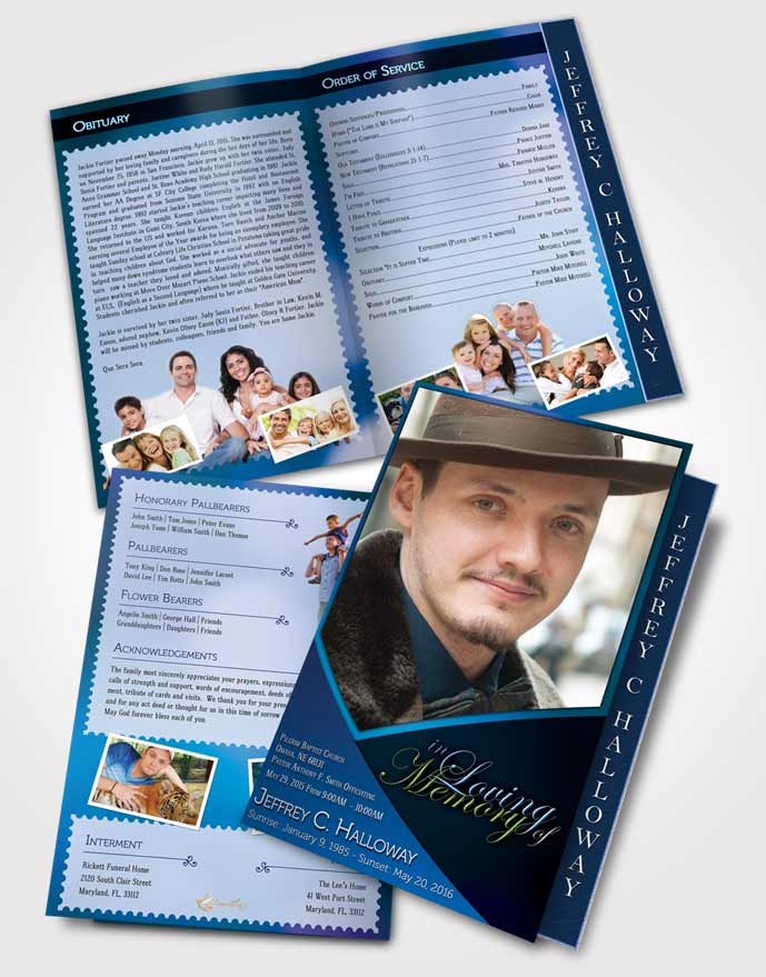 2 Page Graduated Step Fold Funeral Program Template Brochure Crystal Harmony Palatinate Blue Light