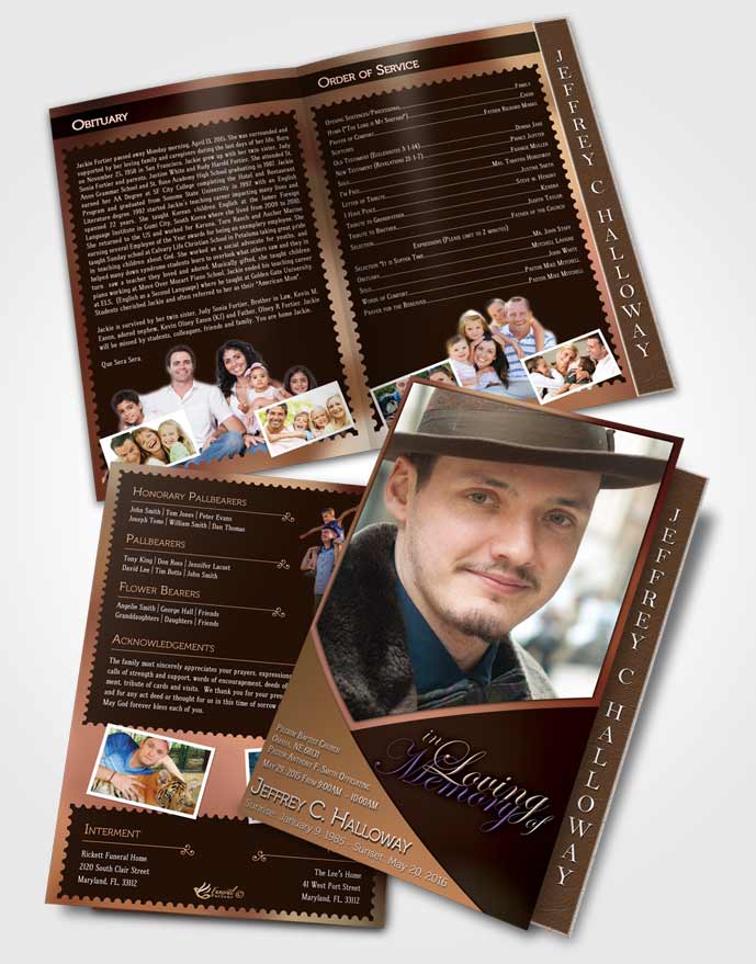 2 Page Graduated Step Fold Funeral Program Template Brochure Crystal Harmony Persian Orange Dark