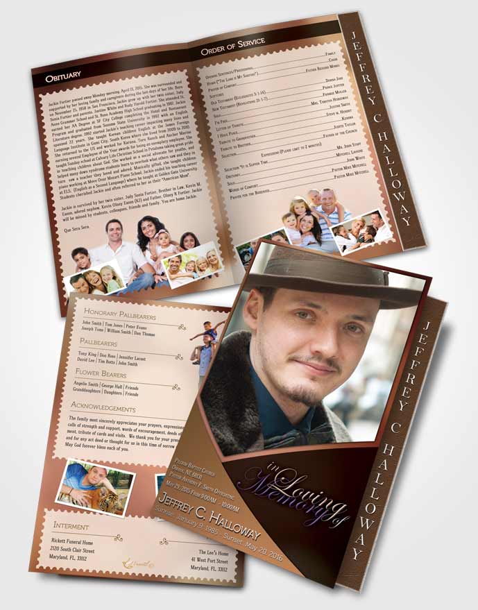 2 Page Graduated Step Fold Funeral Program Template Brochure Crystal Harmony Persian Orange Light