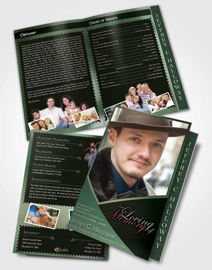 2 Page Graduated Step Fold Funeral Program Template Brochure Crystal Harmony Pistachio Dark