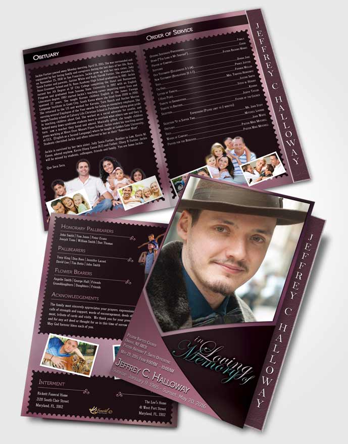 2 Page Graduated Step Fold Funeral Program Template Brochure Crystal Harmony Puce Dark