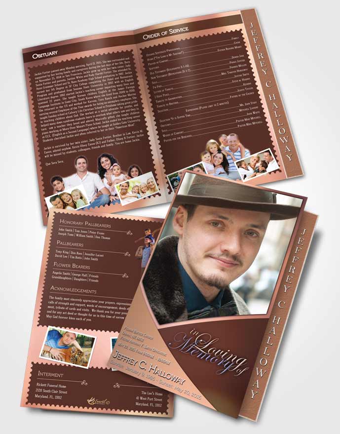 2 Page Graduated Step Fold Funeral Program Template Brochure Crystal Harmony Salmon Pink Dark