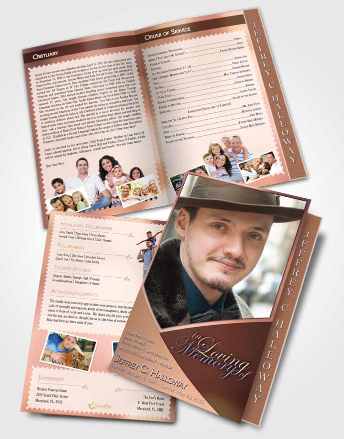 2 Page Graduated Step Fold Funeral Program Template Brochure Crystal Harmony Salmon Pink Light