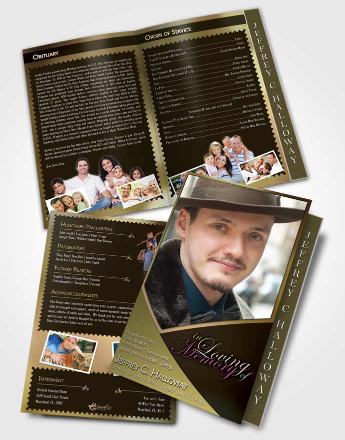 2 Page Graduated Step Fold Funeral Program Template Brochure Crystal Harmony Satin Sheen Gold Dark