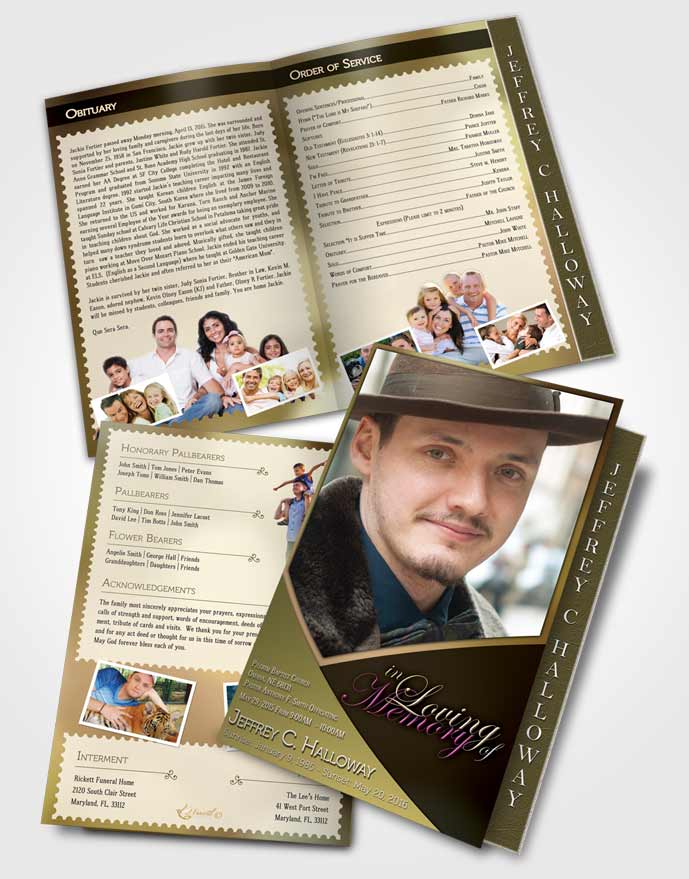 2 Page Graduated Step Fold Funeral Program Template Brochure Crystal Harmony Satin Sheen Gold Light