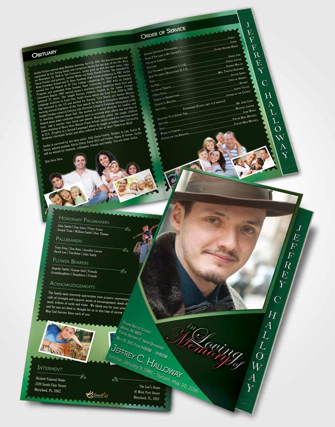 2 Page Graduated Step Fold Funeral Program Template Brochure Crystal Harmony Shamrock Green Dark