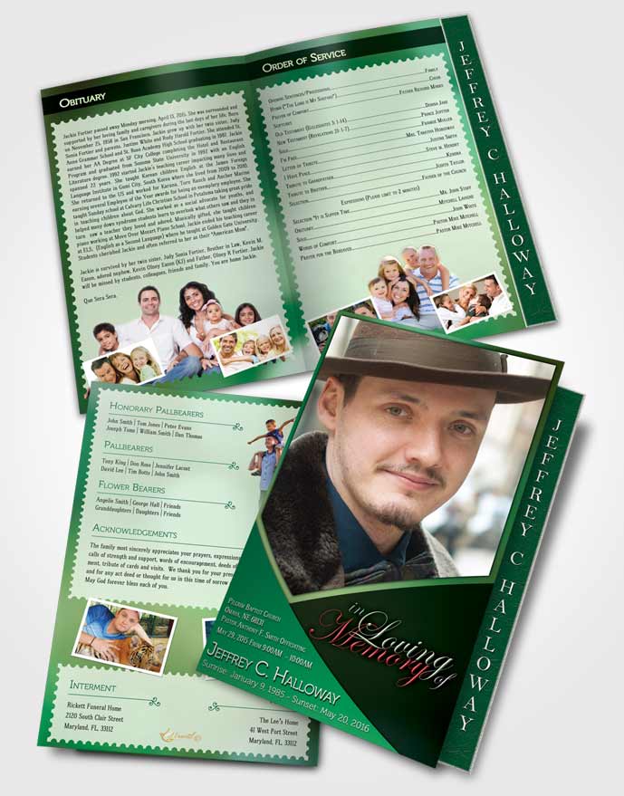 2 Page Graduated Step Fold Funeral Program Template Brochure Crystal Harmony Shamrock Green Light