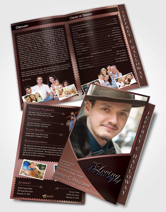 2 Page Graduated Step Fold Funeral Program Template Brochure Crystal Harmony Terra Cotta Dark