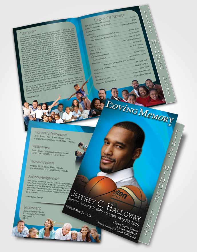 2 Page Graduated Step Fold Funeral Program Template Brochure Cyan Basketball Lover Light
